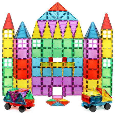 Magnet Build Magnetic Tiles 100 Piece Set Clear Extra Strong Building Blocks 3D Tile, STEM Learning Toy, Construction, Euducational, Imagination, Assorted Shapes & Colors, Gift for Kids Ages 3+