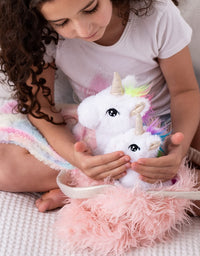 Unicorn Gift for Girls 4 Pcs Set. Baby and Mommy Unicorn Toy, XL Furry Bag and Baby Doll Blanket. Adorable Plush Toy for 3 4 5 Year Old Girl, Unicorn Gift for Little Girl. Birthday, Christmas Age 2-8
