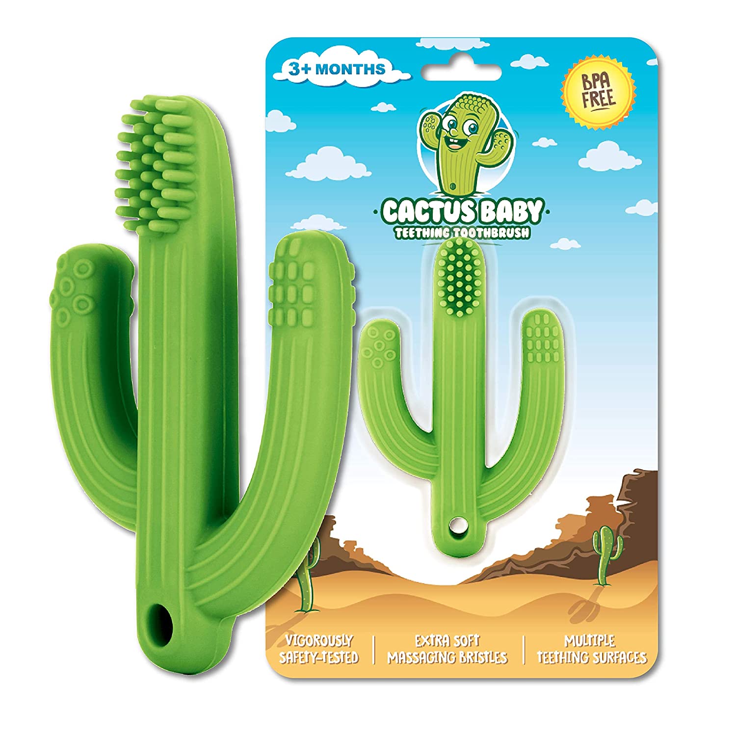 Cactus Baby Teething Toys for Newborn Infants and Toddlers - Self-Soothing Pain Relief Soft Silicone Teether and Training Toothbrush for Babies, BPA Free, Soothes Babies Sore Gums