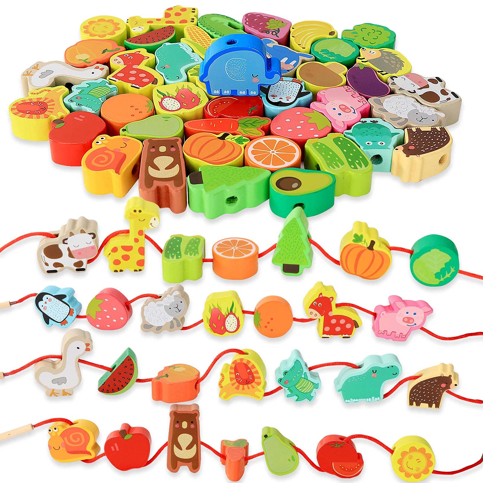 BMTOYS Montessori Educational Threading Toys Wooden Stringing Farm Animals Fruits Lacing Beads Preschool Toy for Toddler 18 Month 1 2 3 4 5 Year Old Boys Girls