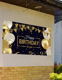 Happy Birthday Backdrop Banner Extra Large Black and Gold Sign Poster for Men Women Birthday Anniversary Party Photo Booth Backdrop Background Banner Decoration Supplies
