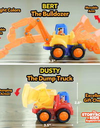 Educational Play Set for Kids Age 1, 2, 3 - Push & Pull Cars for Two Year Olds  - Storybook Toys for 2 Year Old Boy - Toys for 1 Year Old - Toddler Construction Friction Toy Trucks for 2 Yr Old Boys
