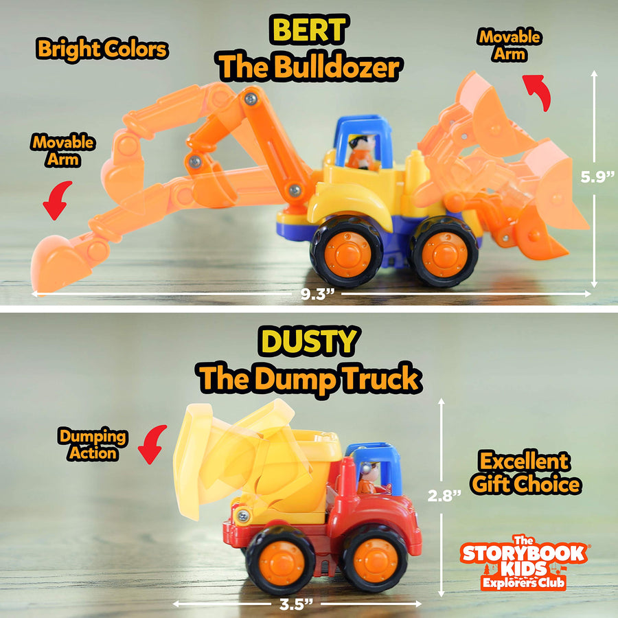 Educational Play Set for Kids Age 1, 2, 3 - Push & Pull Cars for Two Year Olds  - Storybook Toys for 2 Year Old Boy - Toys for 1 Year Old - Toddler Construction Friction Toy Trucks for 2 Yr Old Boys