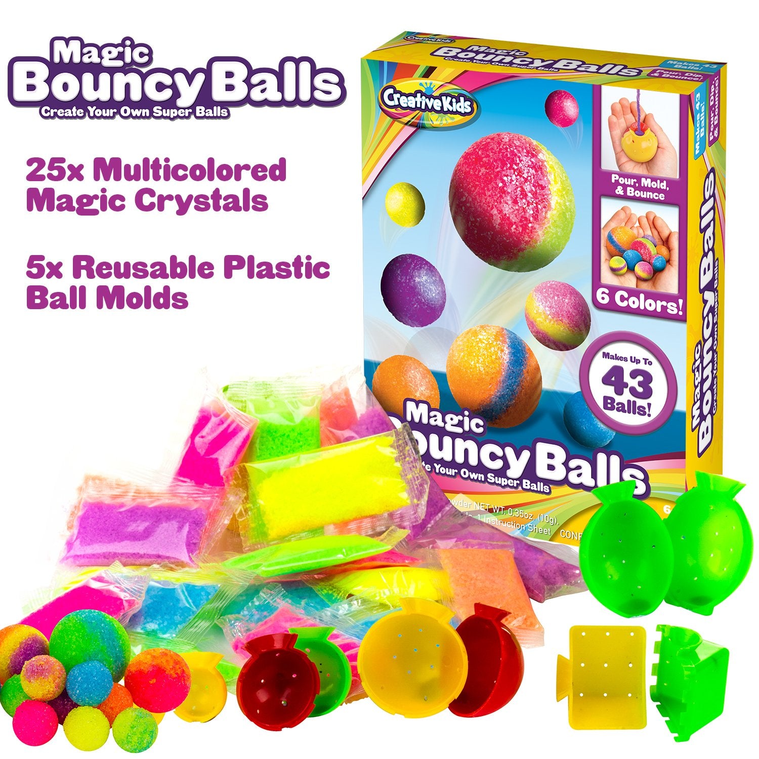 Creative Kids DIY Magic Bouncy Balls - Create Your Own Crystal Powder Balls Craft Kit for Kids - Includes 25 Bags of Multicolored Crystal Powder & 5 Molds - Makes Up to 43 Balls