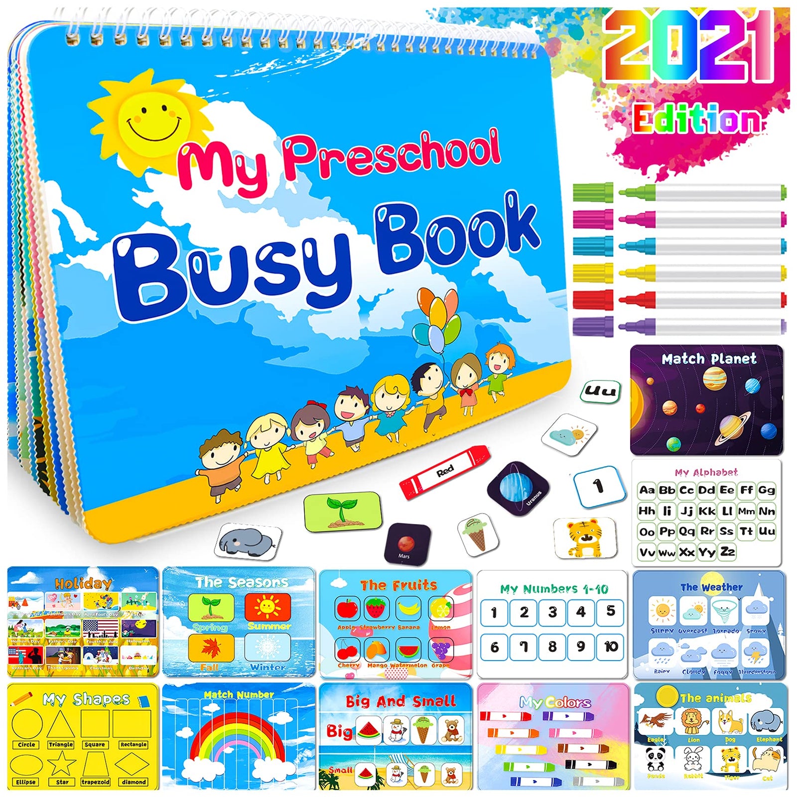 HeyKiddo Toddler Busy Book, Autism Toys for Kids, Preschool Learning Activity Binder, 16 Themes with Colorful Pages, Educational Book for Autism & Special Needs, Drawing Book for Home School Learning