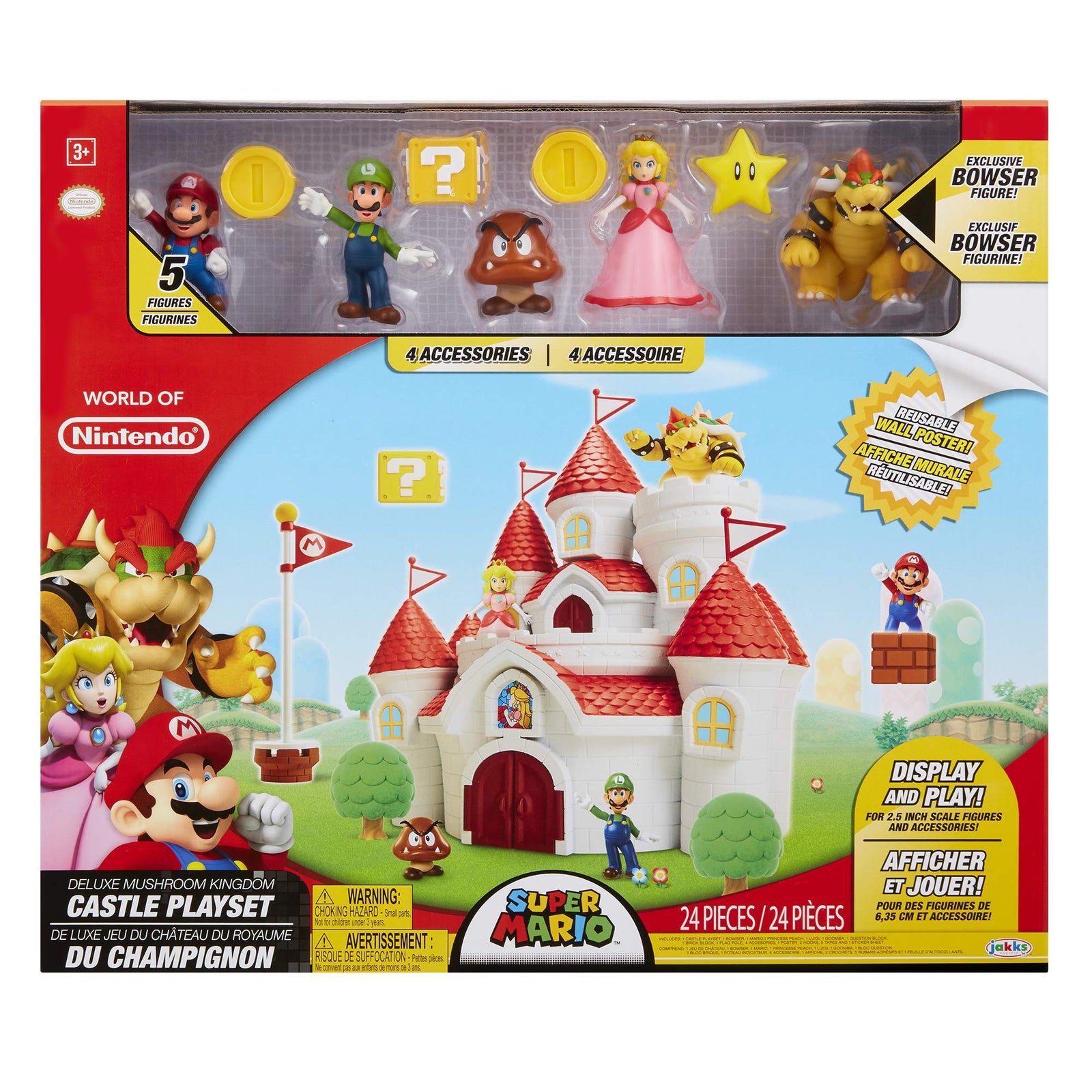 Super Mario 70843-4L Nintendo Super Mario Deluxe Mushroom Kingdom Castle Playset with 5 2.5" Articulated Action Figures & 4 Accessories (Includes Mario, Luigi, Princess Peach, Bowser)