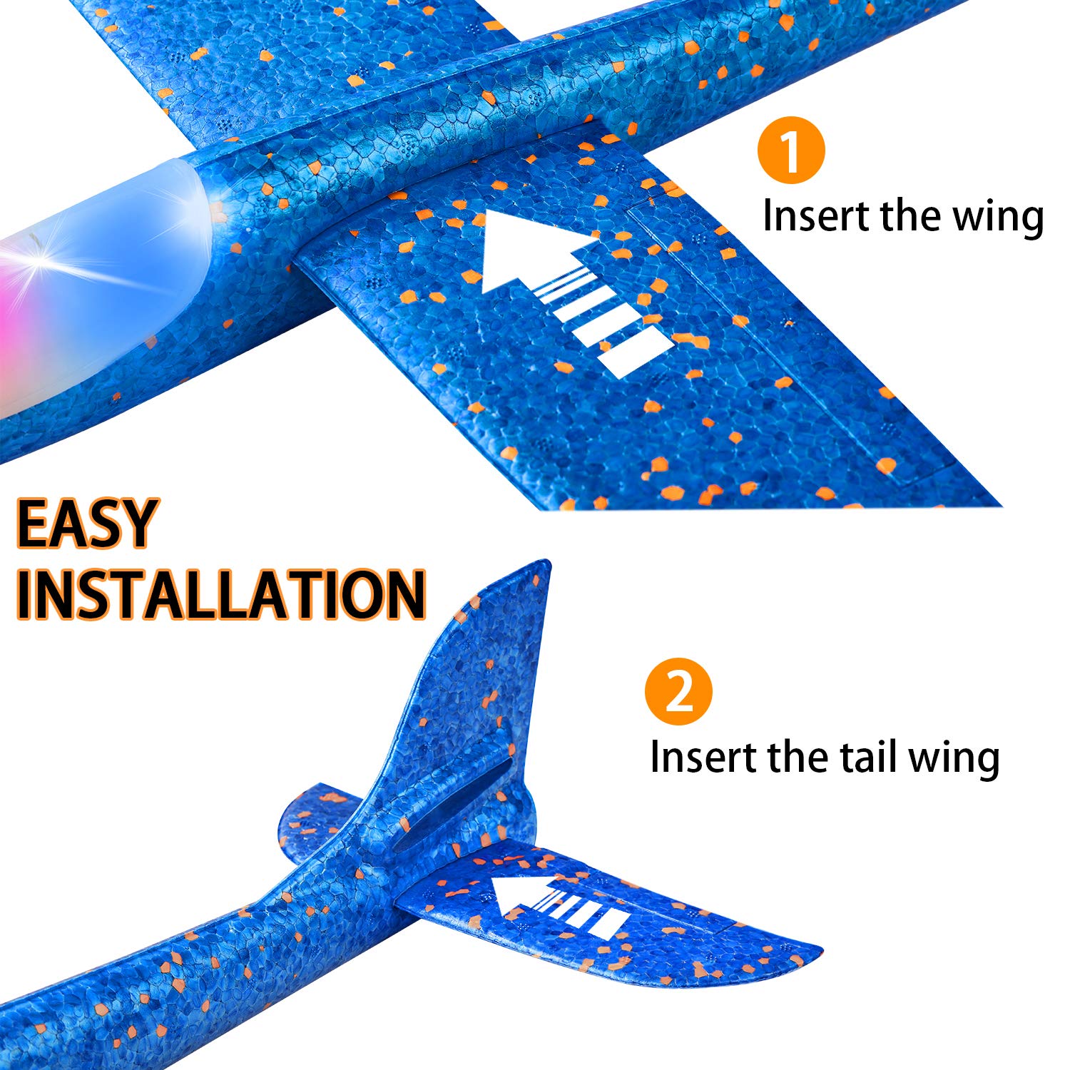 2 Pack LED Light Airplane,17.5" Large Throwing Foam Plane,2 Flight Mode Glider Plane,Flying Toy for Kids,Gifts for 3 4 5 6 7 8 9 Years Old Boy,Outdoor Sport Toys Birthday Party Favors Foam Airplane