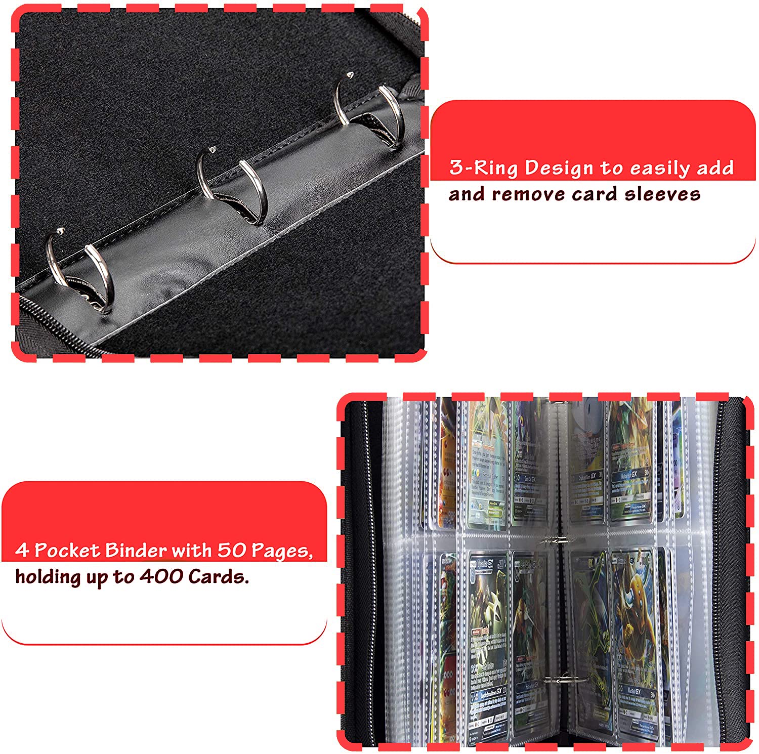Binder for Pokemon Cards with Sleeves, Card Binder Holder Book Compatible with Pokémon Trading Cards, Holds Up to 400 Cards, 50 Pcs 4-Pocket Pages, Card Collector Album with Zipper Carrying Case