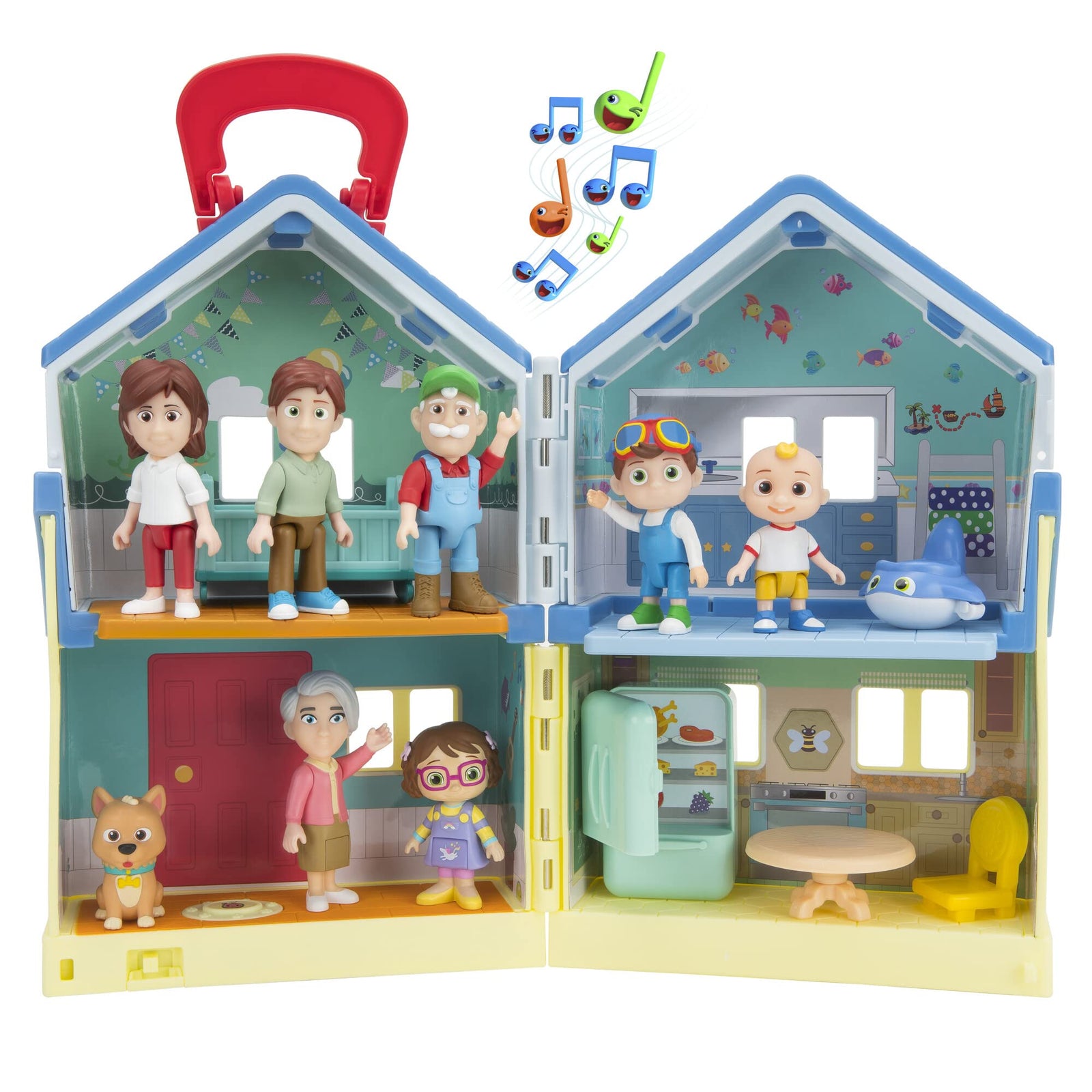 CoComelon Deluxe Family House Playset with Music and Sounds - Includes JJ, Family, Friends, Shark Potty, Crib, Sofa, Chair, High Chair, Dining Room Table, Fridge, Activity Sheet - Amazon Exclusive