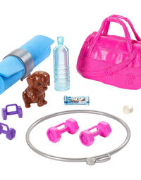 Barbie Fitness Doll, Red-Haired, with Puppy and 9 Accessories, Including Yoga Mat with Strap, Hula Hoop and Weights, Gift for Kids 3 to 7 Years Old
