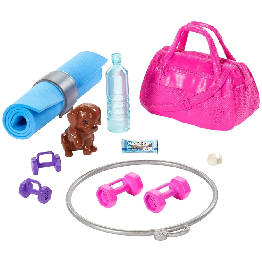 Barbie Fitness Doll, Red-Haired, with Puppy and 9 Accessories, Including Yoga Mat with Strap, Hula Hoop and Weights, Gift for Kids 3 to 7 Years Old