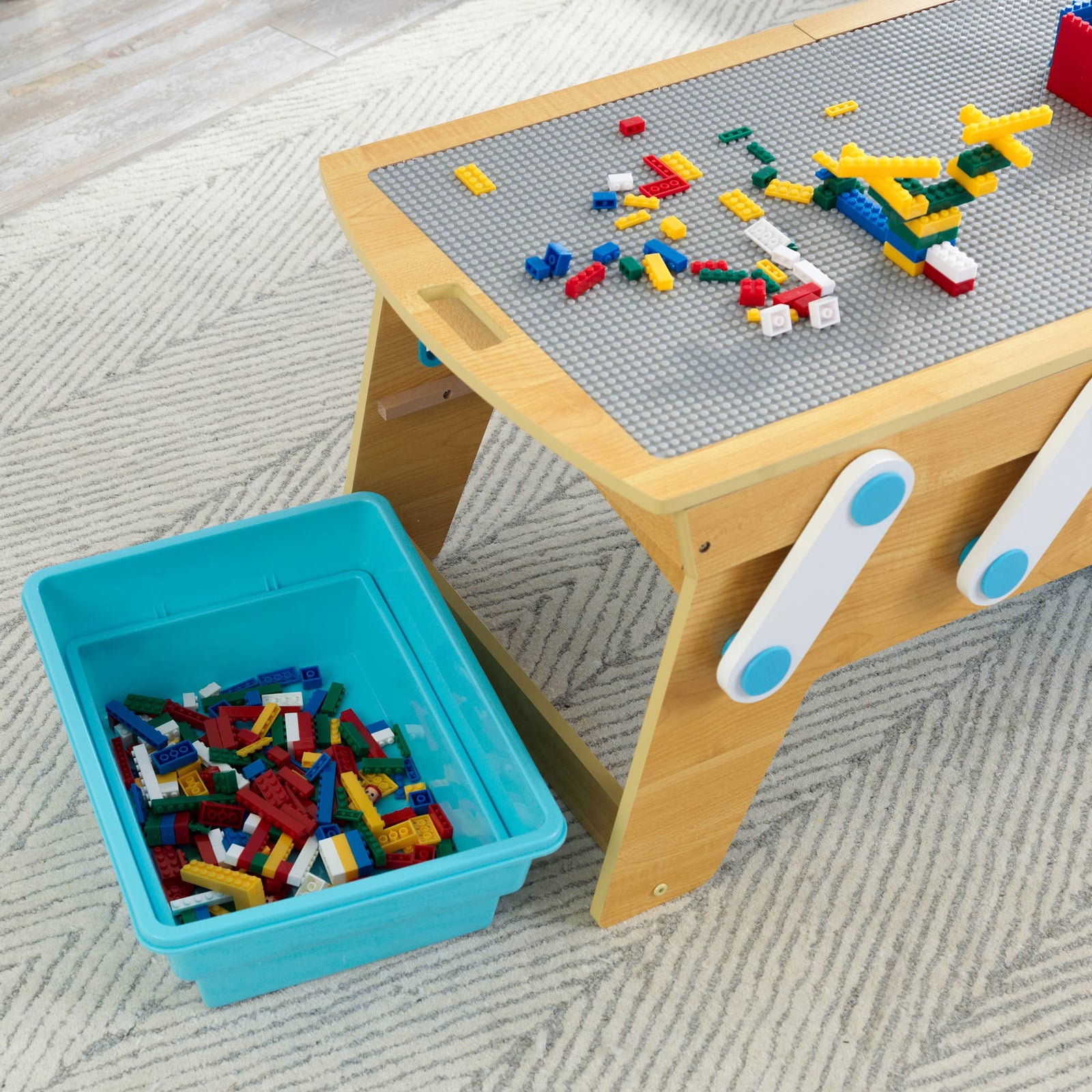 KidKraft Building Bricks Play N Store Wooden Table, Children's Toy Storage with Bins, 200+ Building Blocks Included, Natural, Gift for Ages 3+