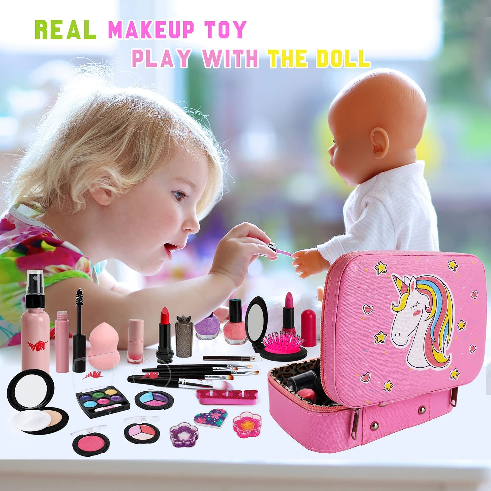 Kids Washable Makeup Girls Toys - Real Make Up Set Washable Make up Kit for Toddler Kids Girl Children Princess Pretend Play Christmas Birthday Gift Toys for Girl Aged 3 4 5 6