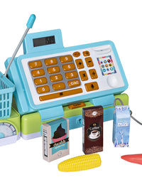 Playkidz Interactive Toy Cash Register for Kids - Sounds & Early Learning Play Includes Play Money Handheld Real Scanner Working Scale & Calculator, Live Microphone Food Boxes Plastic Fruit & Basket
