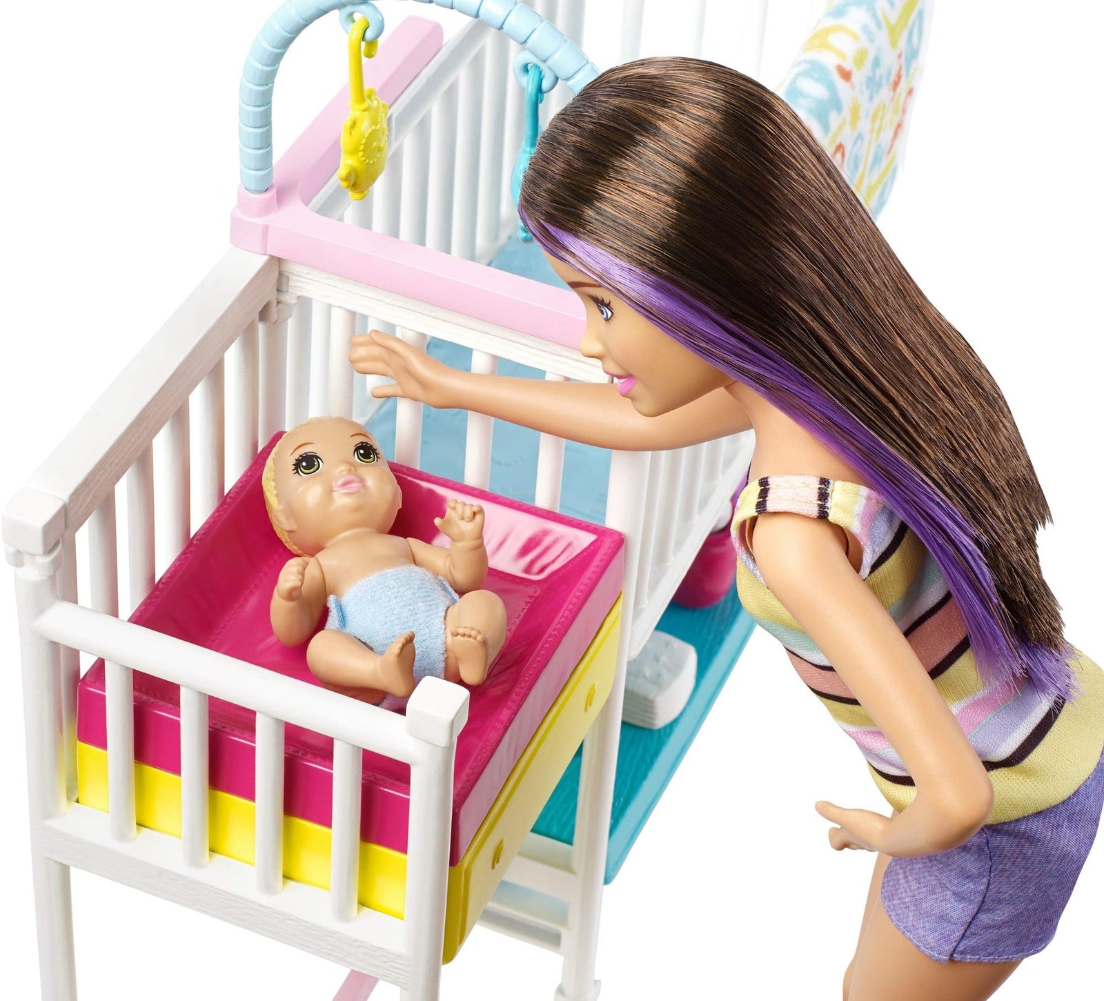 Barbie Nursery Playset with Skipper Babysitters Doll, 2 Baby Dolls, Crib and 10+ Pieces of Working Baby Gear and Themed Toys, Gift Set for 3 to 7 Year Olds, Multicolor