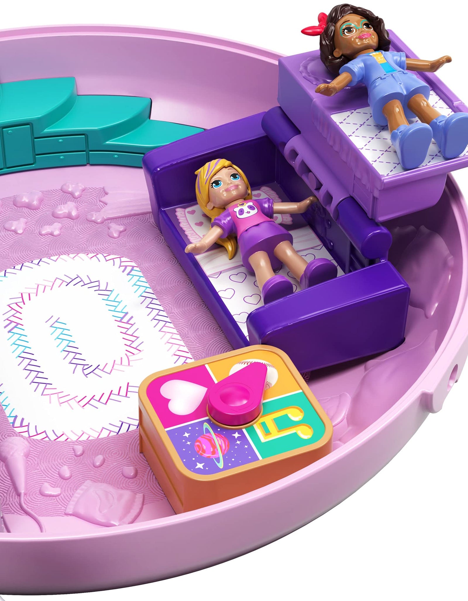 Polly Pocket Pocket World Donut Pajama Party Compact with Donut Shape, Polly’s Living Room World, Surprise Reveals, Micro Polly and Shani Dolls & Pizza Scooter Accessory [Amazon Exclusive]