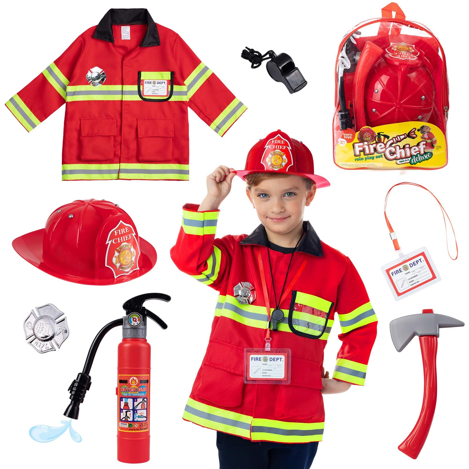 Born Toys 8 PC Premium WASHABLE kids Fireman Costume Toy for kids,Boys,Girls,Toddlers, and children with complete firefighter accessories