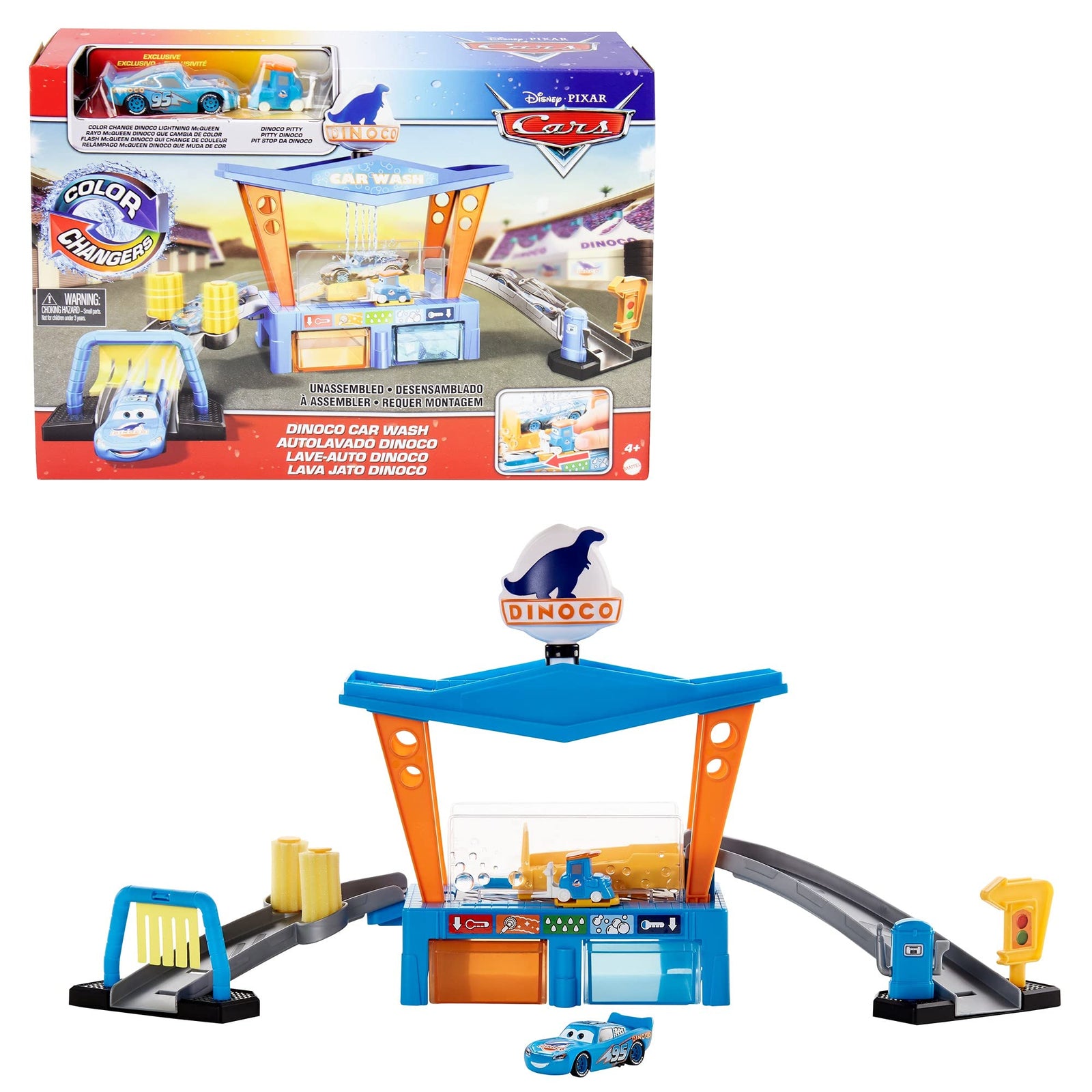 Disney Pixar Cars Color Change Dinoco Car Wash Playset with Pitty and Exclusive Lightning McQueen Vehicle, Interactive Water Play Toy for Kids Age 4 Years and Older