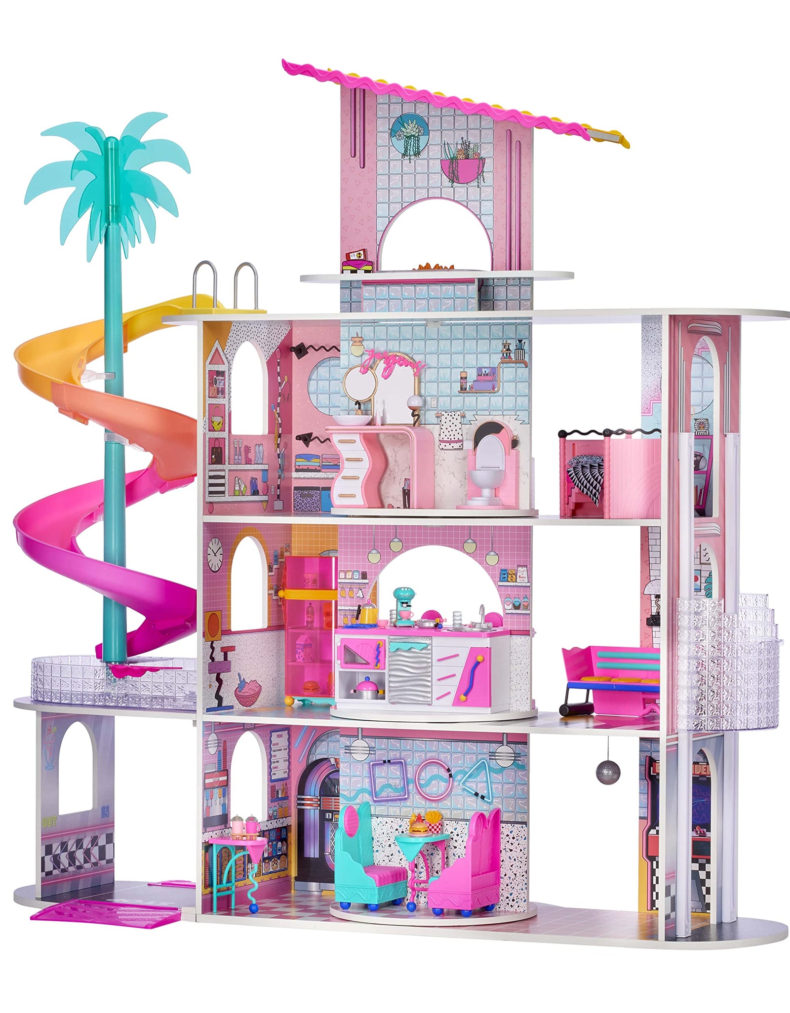 LOL Surprise OMG House of Surprises – New Real Wood Dollhouse with 85+ Surprises, 4 Floors, 10 Rooms, Elevator, Spiral Slide, Pool, Movie Theater Drive Thru, Rooftop- Toy Gift for Girls Ages 4 5 6 7+