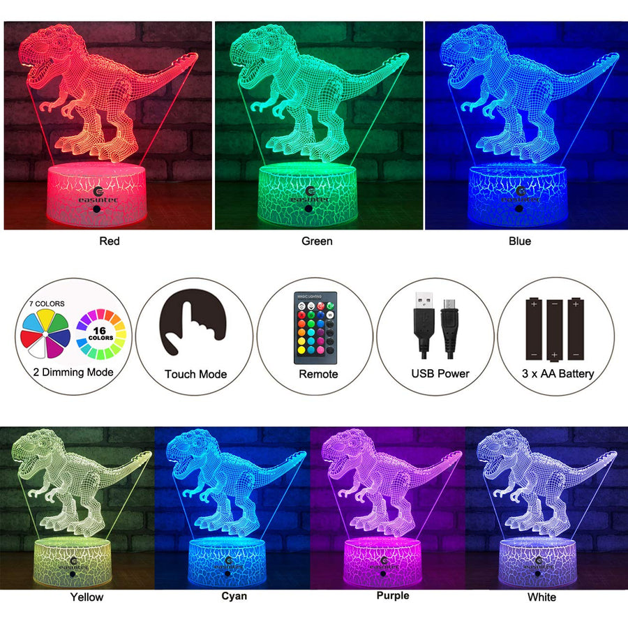 easuntec Dinosaur Toys 3D Night Light with Remote & Smart Touch 7 Colors + 16 Colors Changing Dimmable TRex Toys 1 2 3 4 5 6 7 8 Year Old Boy or Girl Gifts (TRex 16WT)
