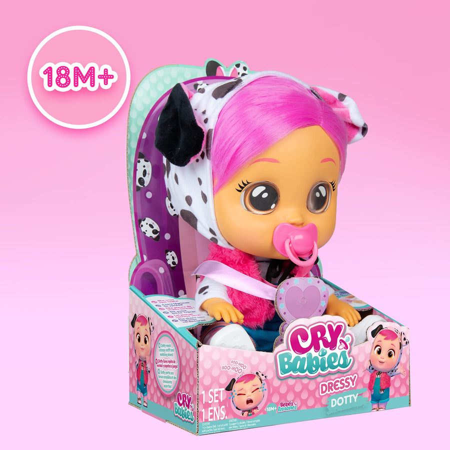 Cry Babies Dressy Dotty - 12" Baby Doll | Blue Overalls, Dalmatian Themed Hoodie with Animal Ears, Amazon Exclusive