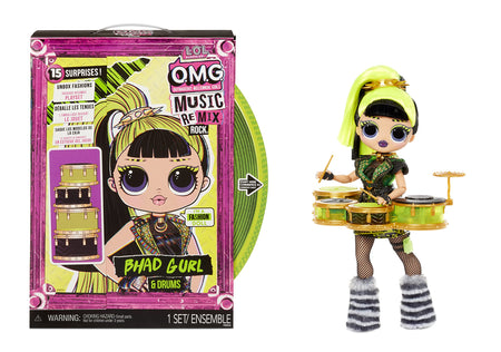 LOL Surprise OMG Remix Rock Bhad Gurl Fashion Doll with 15 Surprises Including Drums, Outfit, Shoes, Stand, Lyric Magazine, and Record Player Playset - Gift for Kids, Toys for Girls Boys Ages 4 5 6 7+