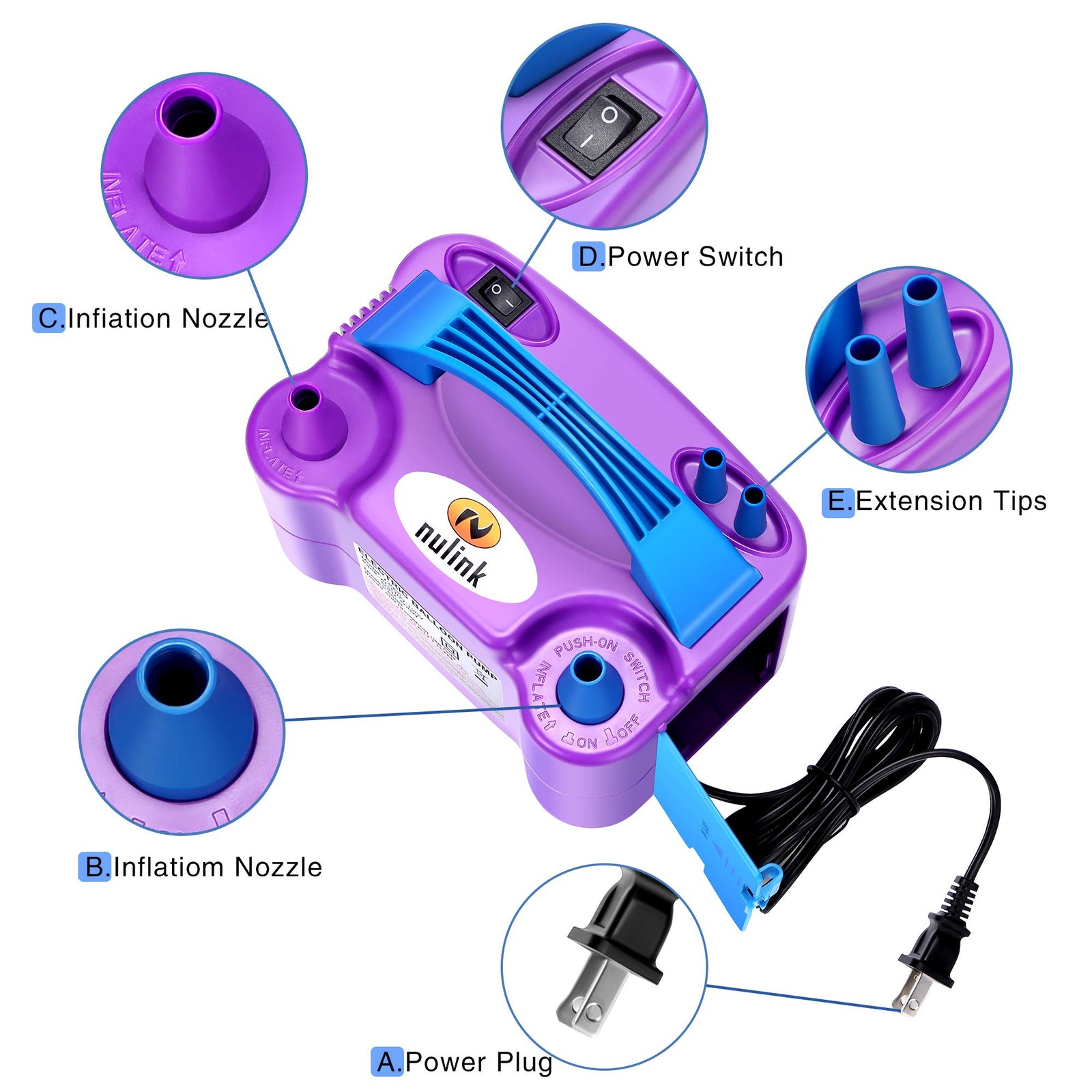 NuLink Electric Portable Dual Nozzle Balloon Blower Pump Inflation for Decoration, Party, Sport [110V~120V, 600W, Purple]