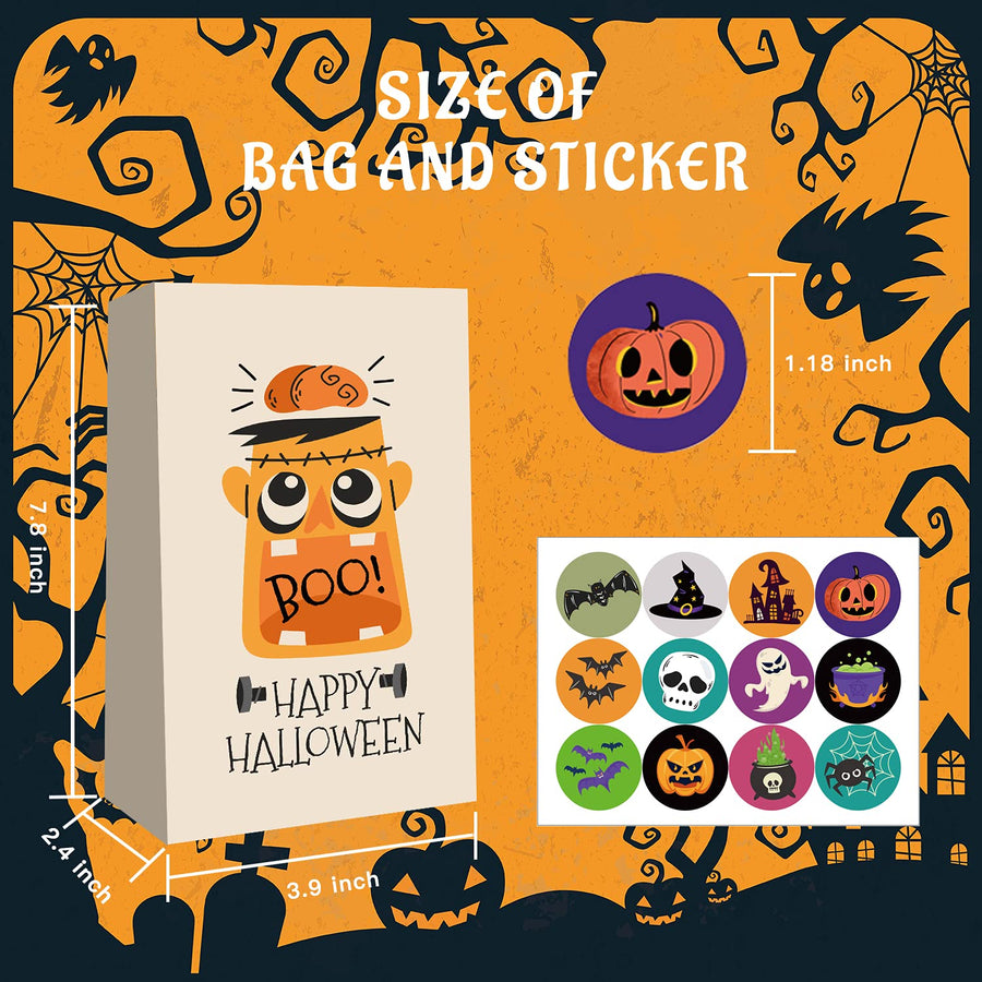 MOORAY Halloween Treat Bags , 72PCS Kids Halloween Candy Bags Trick or Treating with 84 Pcs Halloween Stickers , Paper Gift Bags for Treats Snacks ,Halloween Party Favors Goodie Bags Party Supplies