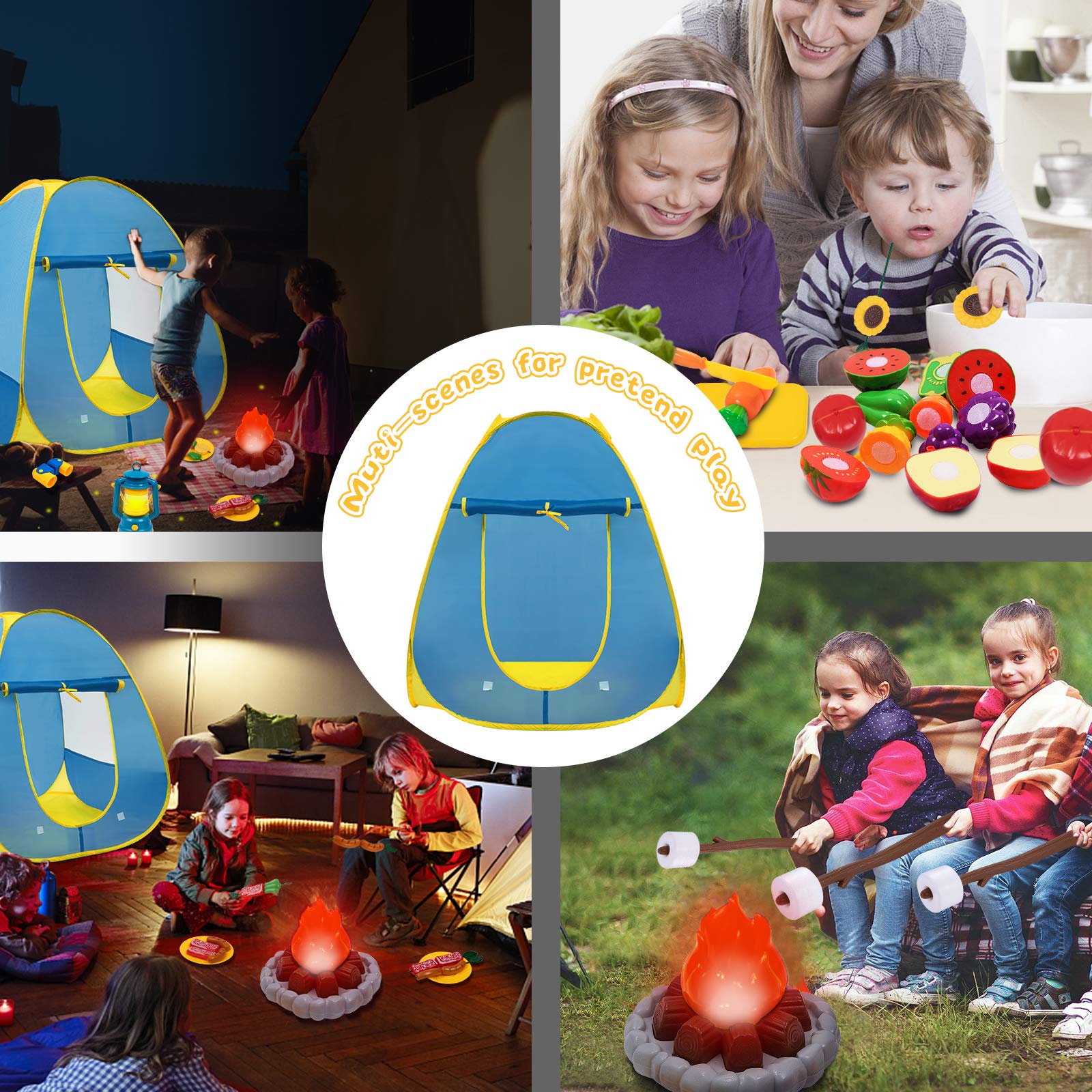 MITCIEN Kids Camping Play Tent with Toy Campfire / Marshmallow /Fruits Toys Play Tent Set for Boys Girls Indoor Outdoor Pretend-Play Game