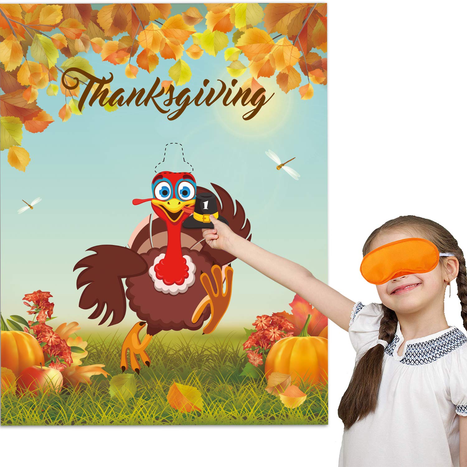 GEGEWOO Pin the Hat on the Turkey Thanksgiving Party Game Thanksgiving Games Festive Fall Party for Kids Thanksgiving Turkey Pin Game with Reusable Stickers Turkey Party Supplies Activities