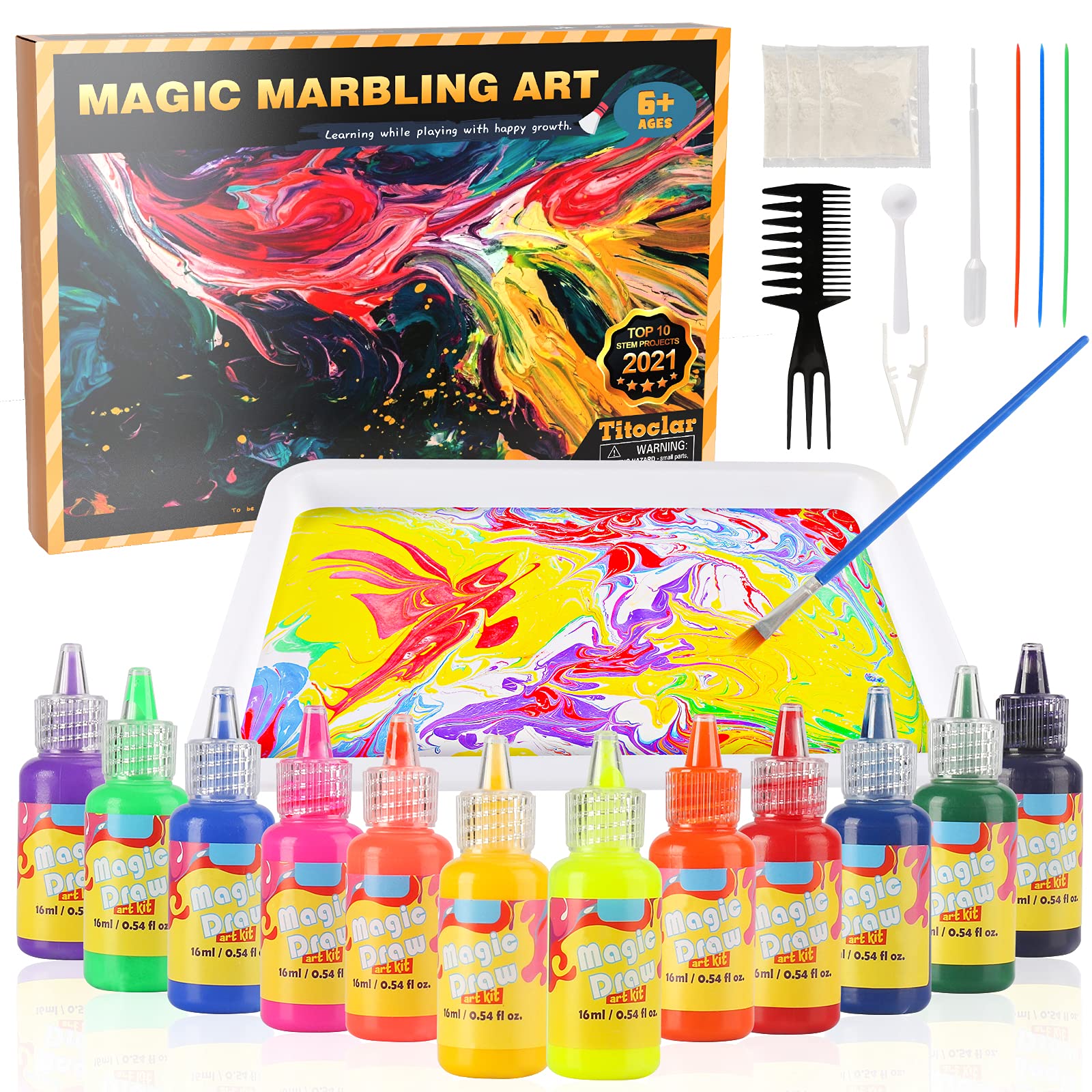 Titoclar Arts & Crafts for Kids Ages 6-12, Water Marbling Paint Kit, Ideal Gifts for Kids, Christmas Toys for Girls & Boys Age 4 5 6 7 8 9 10 11 12 Year Old (Paint on Water, 12 Colors)
