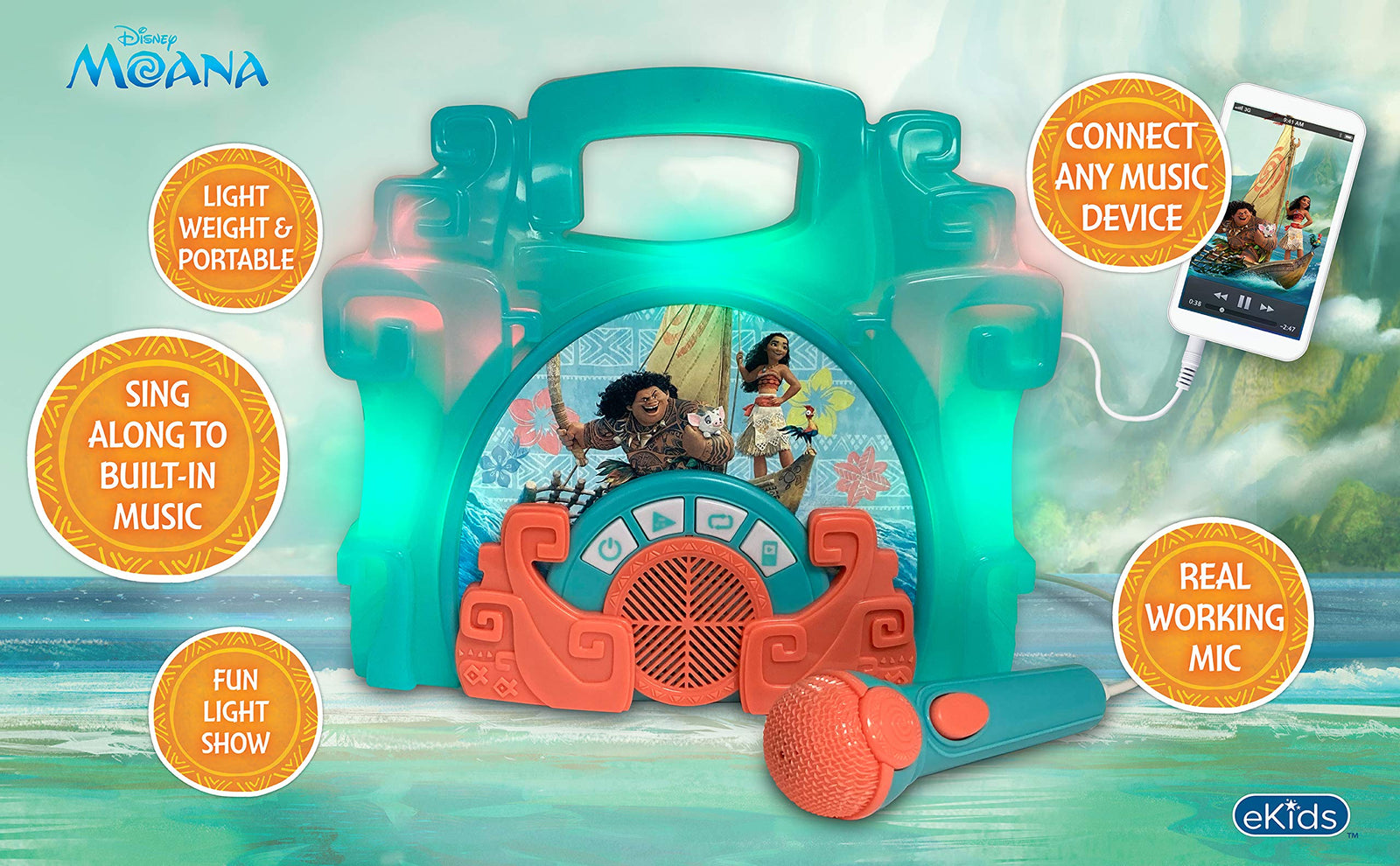 eKids Moana Sing Along Boom box Speaker with Microphone For Fans of Moana Toys, Kids Karaoke Machine with Built in Music and Flashing Lights , Montana