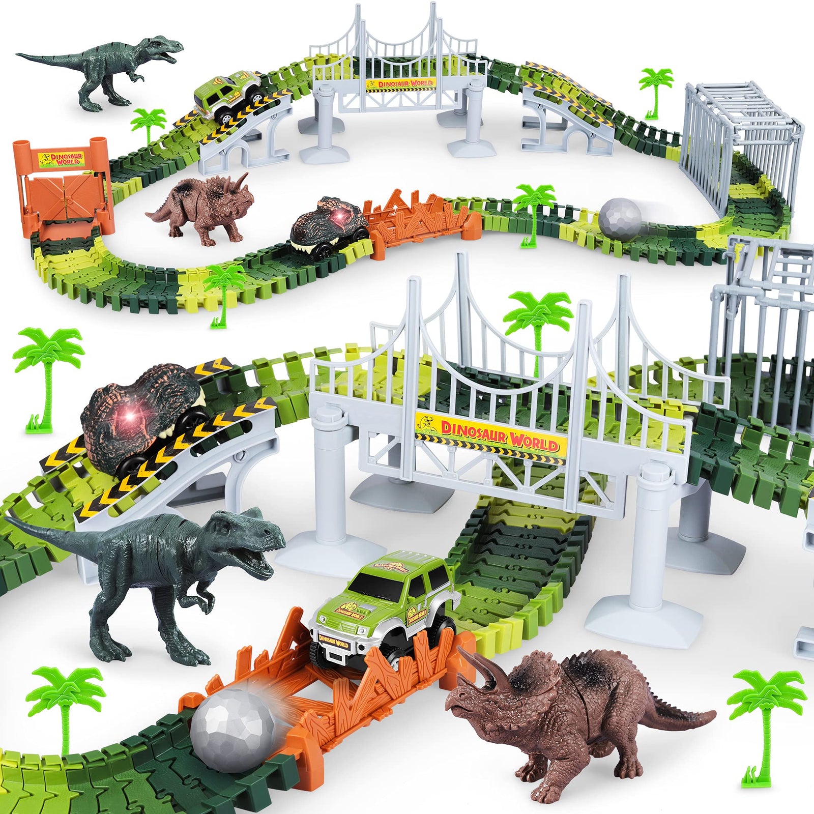 Hony Kids Dinosaur Race Car Track with Flexible Track,Dino Toys, Dinosaur Tracks, Dinosaur Car and Race Car Toys for Kids , Dinosaur Toys for Age 3 4 5 6 7 Year & Up Old boy Girls Birthday Gifts