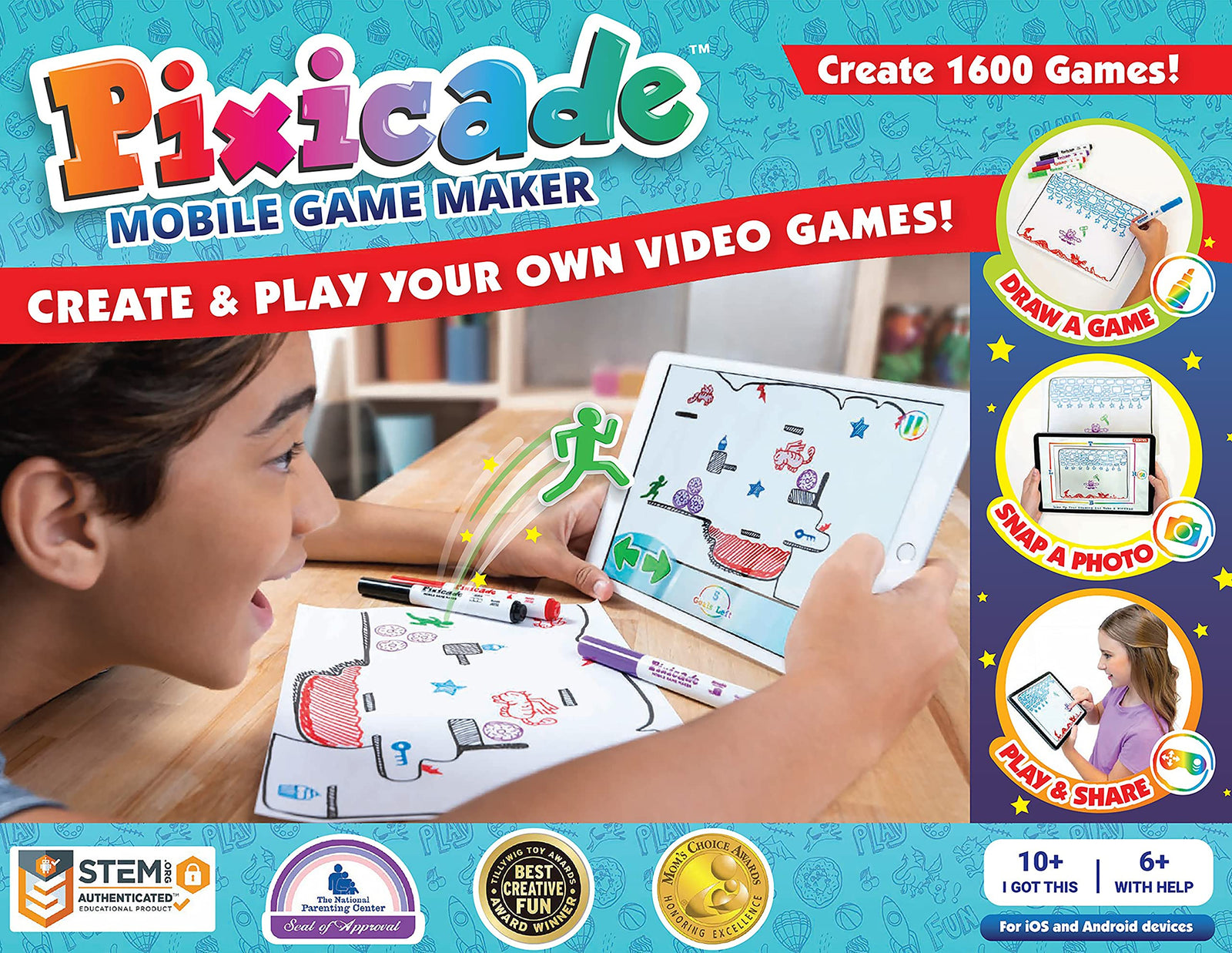 Pixicade Transform Creative Drawings to Animated Playable Kids Games On Your Mobile Device- Build 1600 Video Games- Gifts for 10 Year Old Girl, Boys- Award Winning STEM Toys for Ages 6 - 12+