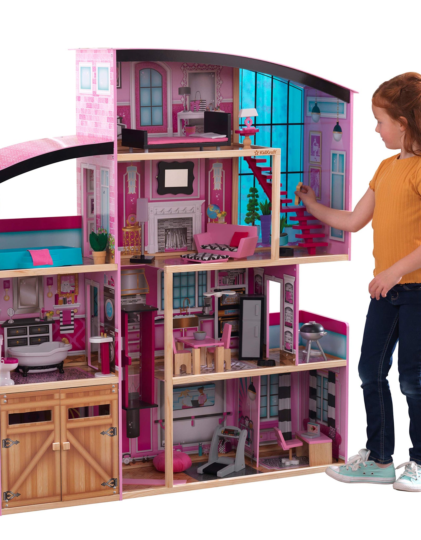 KidKraft Shimmer Mansion Wooden Dollhouse for 12-Inch Dolls with Lights & Sounds and 30-Piece Accessories, Gift for Ages 3+ , Pink