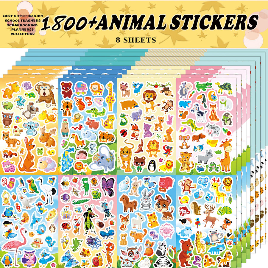 Sinceroduct Animal Stickers Assortment Set, 8 Sheets (1800+ Count), 2 Different Styles 16 Themes Collection for Kids, Children, Teacher, Parent, Grandparent, Animals of The World Sticker Variety Pack