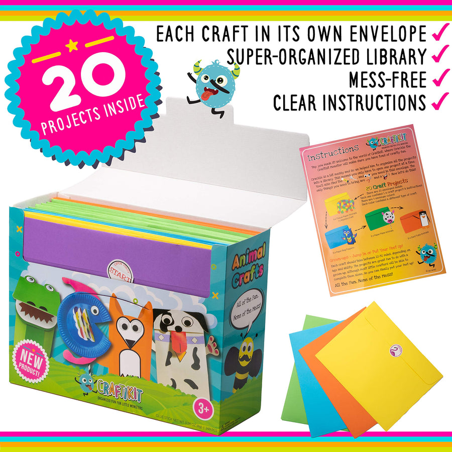 Craftikit Arts and Crafts for Kids - 20 All-Inclusive Fun Toddler Craft Box for Kids - Organized Art Supplies for Kids Ages 3-8 - Animal-Themed Kids Craft Kits