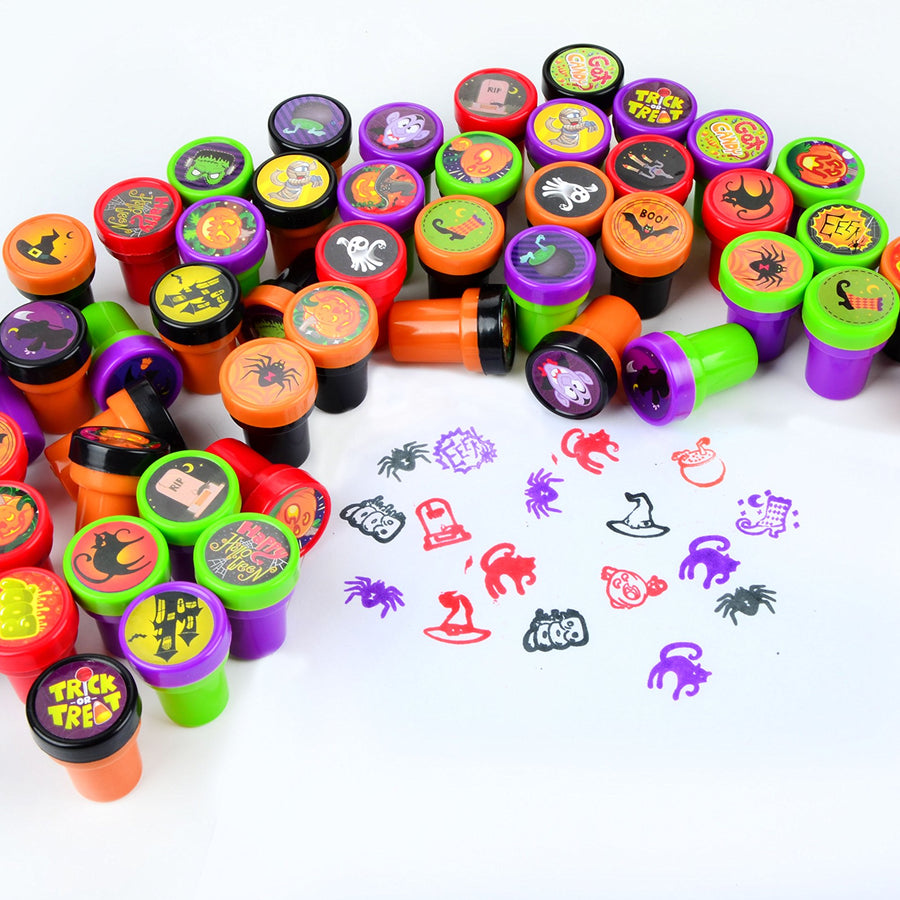 50 Pieces Halloween Assorted Stamps Kids Self-Ink Stamps (25 DIFFERENT Designs, Plastic Stamps, Trick Or Treat Stamps, Spooky Stamps) for Halloween Party Favors, Game Prizes, Halloween Goodies Bags