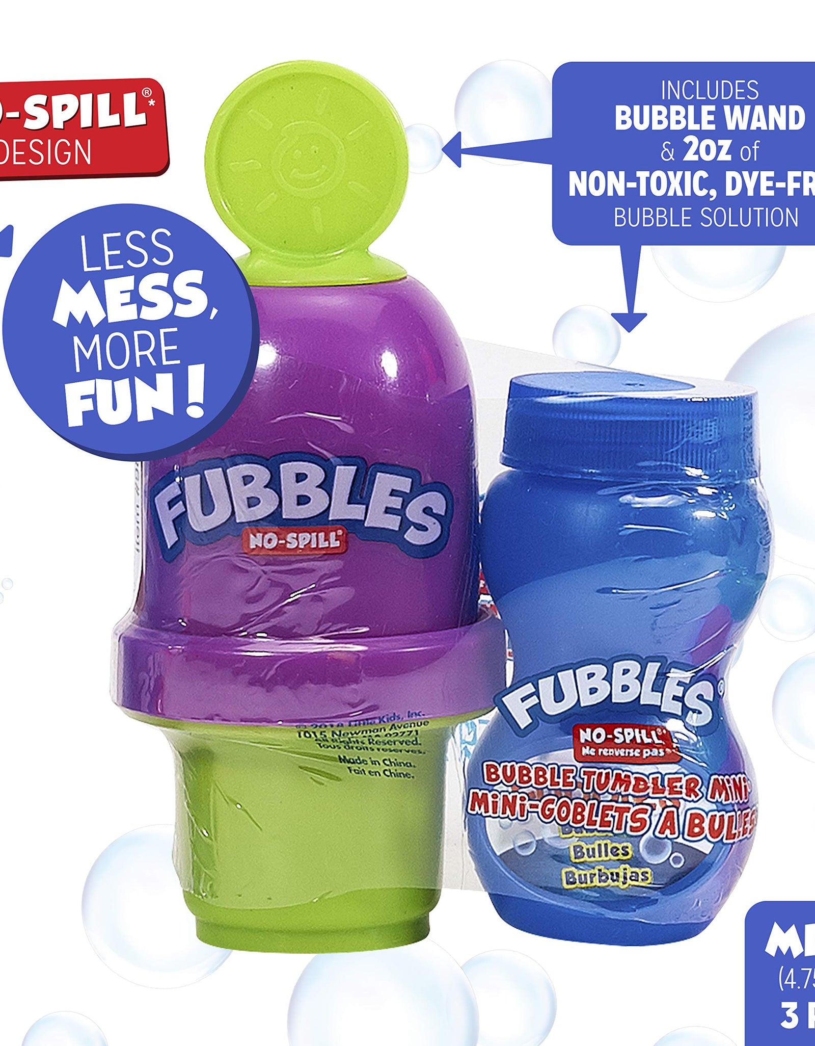 Little Kids Fubbles No Spill Bubble Tumbler Mini 3 Pack Party Favor Set, Includes 2oz of bubble solution and a wand per bottle (assorted colors)