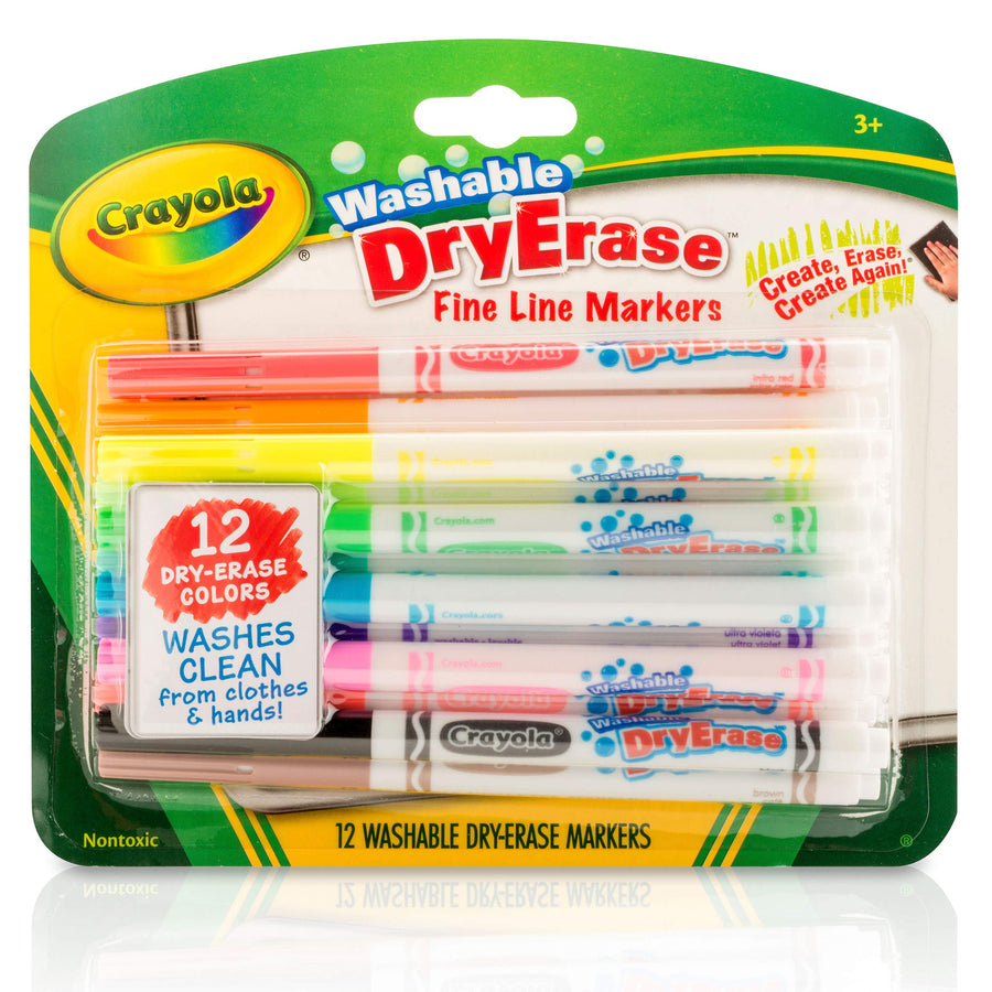 Crayola 98-5912 Washable Dry-Erase Fine Line Markers, 12 Classic Colors Non-Toxic Art Tools for Kids & Toddlers 3 & Up, Easy Clean Up, Won't Stain Hands or Clothes, Great for Classrooms
