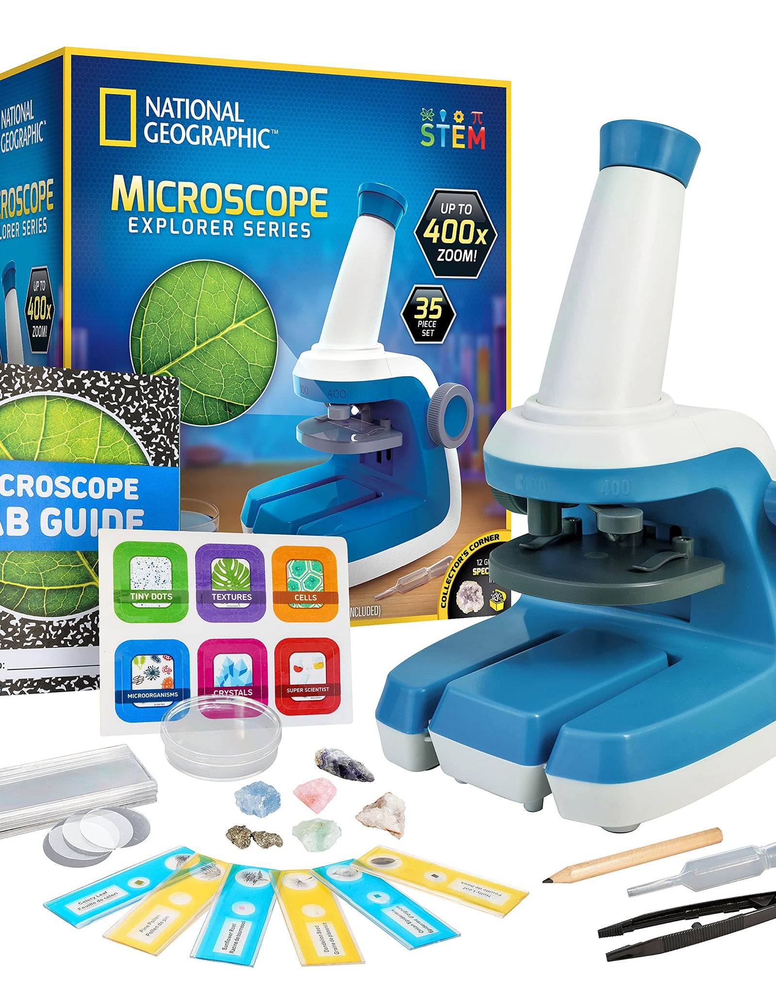 NATIONAL GEOGRAPHIC Microscope for Kids - STEM Kit with an Easy-to-Use Kids Microscope, Up to 400x Zoom, Blank and Prepared Slides, Rock and Mineral Specimens, and More, Great Science Project Set