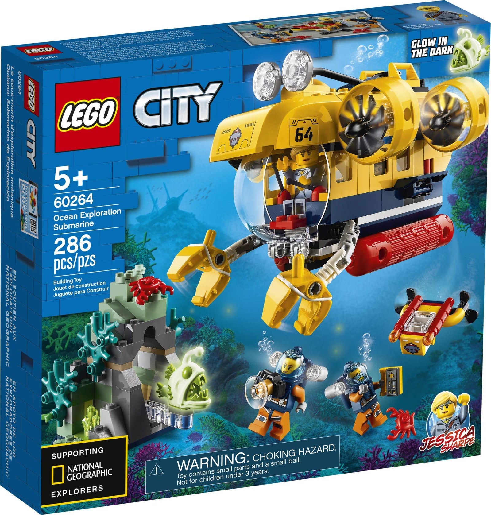 LEGO City Ocean Exploration Submarine 60264, with Submarine, Coral Reef Setting, Underwater Drone, Glow in The Dark Anglerfish Figure and 4 Explorer Minifigures (286 Pieces)