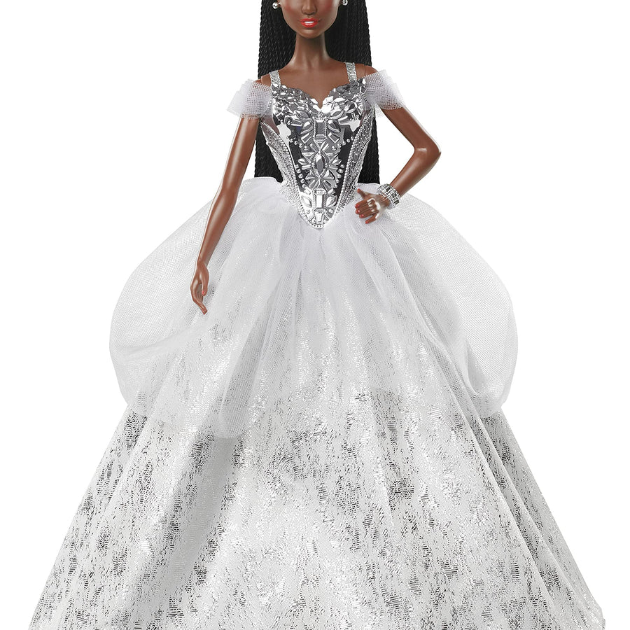Barbie Signature 2021 Holiday Doll (12-inch, Brunette Braided Hair) in Silver Gown, with Doll Stand and Certificate of Authenticity, Gift for 6 Year Olds and Up