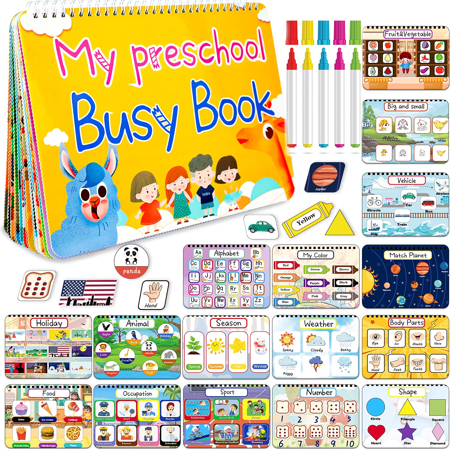 HeyKiddo Toddler Busy Book, Autism Toys for Kids, Preschool Learning Activity Binder, 16 Themes with Colorful Pages, Educational Book for Autism & Special Needs, Drawing Book for Home School Learning