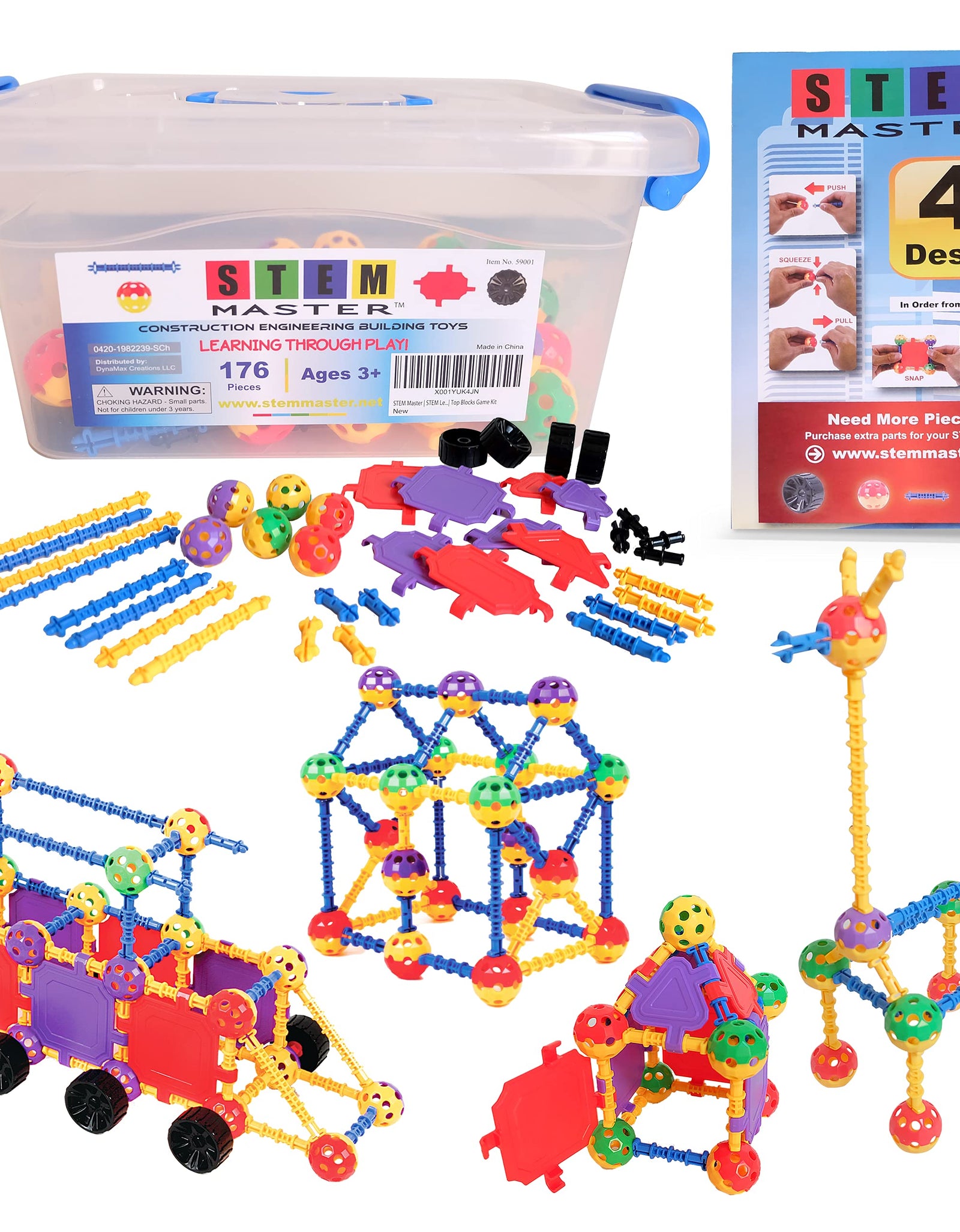 STEM Master Building Toys for Kids Ages 4-8 - STEM Toys Kit w/ 176 Durable Pieces, Full-Color Design Guide, Reusable Toy Storage Box - Educational Gifts for Girls & Boys