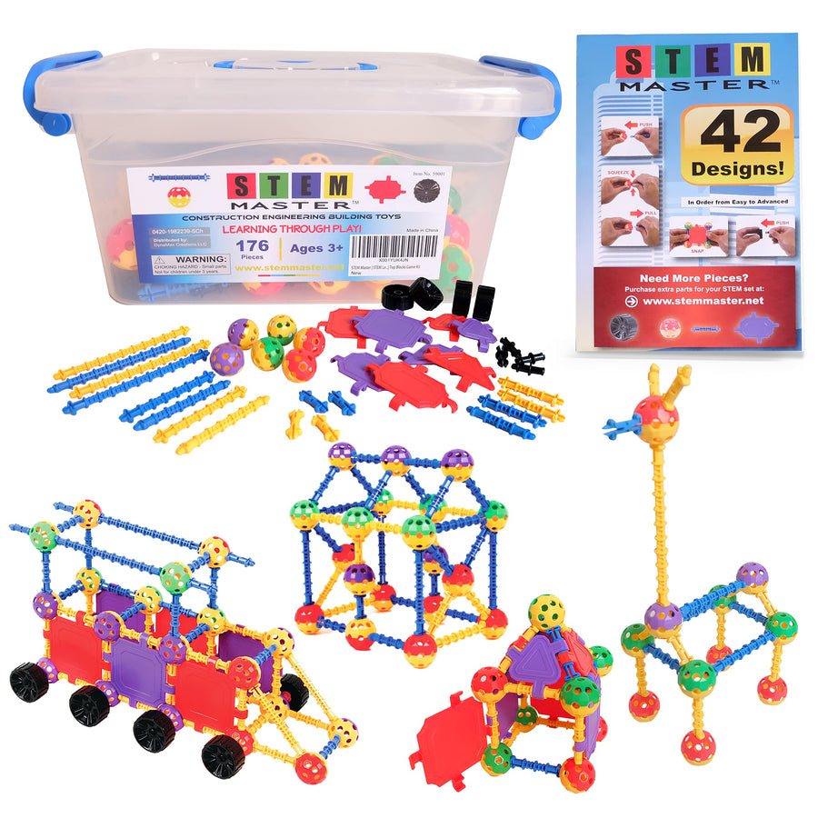 STEM Master Building Toys for Kids Ages 4-8 - STEM Toys Kit w/ 176 Durable Pieces, Full-Color Design Guide, Reusable Toy Storage Box - Educational Gifts for Girls & Boys