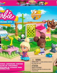 Mega Barbie Animal Grooming Station Building Set, 97 Bricks and Pieces with Fashion and Roleplay Accessories, 3 Micro-Dolls, 1 Panda, 1 Koala, 1 Turtle and 2 Sloths, Toy Gift Set for Ages 5 and up
