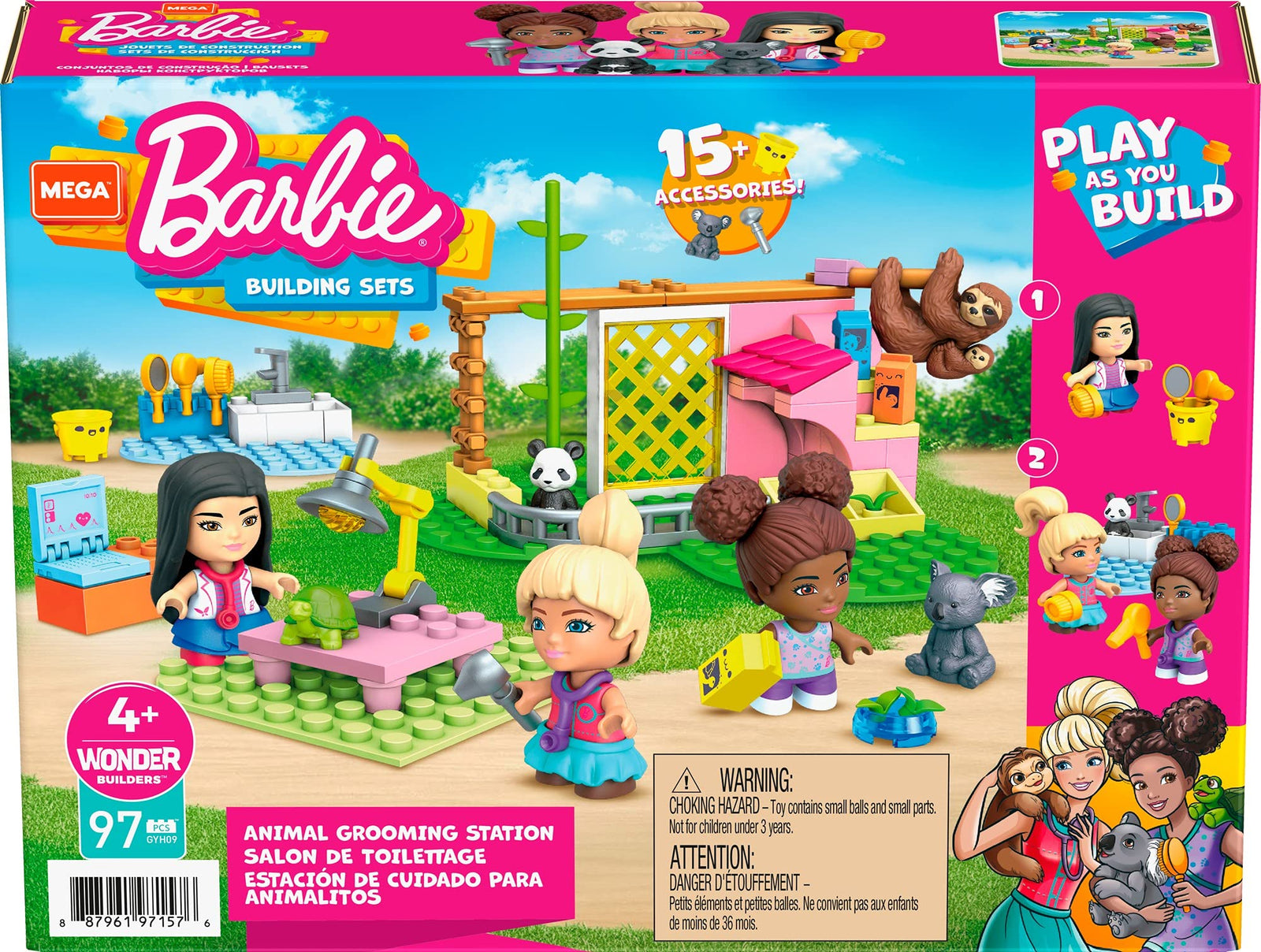 Mega Barbie Animal Grooming Station Building Set, 97 Bricks and Pieces with Fashion and Roleplay Accessories, 3 Micro-Dolls, 1 Panda, 1 Koala, 1 Turtle and 2 Sloths, Toy Gift Set for Ages 5 and up
