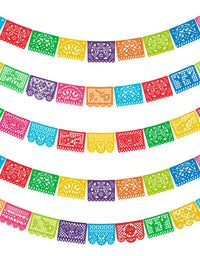 HOOJO 5 Packs 82 Ft Mexican Party Banners, Papel Picado Banner, Cino de Mayo, Fiesta Party Decorations, Dia De Los Muertos Decor, Day of The Dead Decorations, 12 Patterns 82 Feet Long in Total
