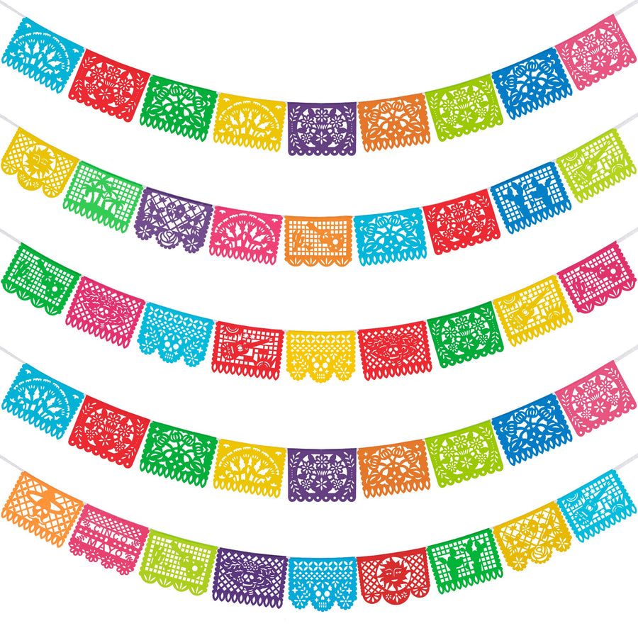 HOOJO 5 Packs 82 Ft Mexican Party Banners, Papel Picado Banner, Cino de Mayo, Fiesta Party Decorations, Dia De Los Muertos Decor, Day of The Dead Decorations, 12 Patterns 82 Feet Long in Total